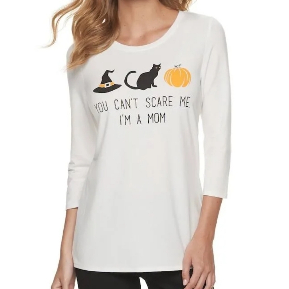 White Halloween T Shirt Apt. 9 Cat Pumpkin Witch 3/4 Sleeve XL 16/18 1X